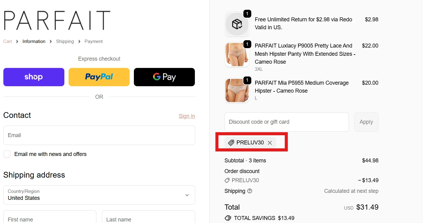 Parfait Lingerie Discount Code PRELUV30 verified checkout